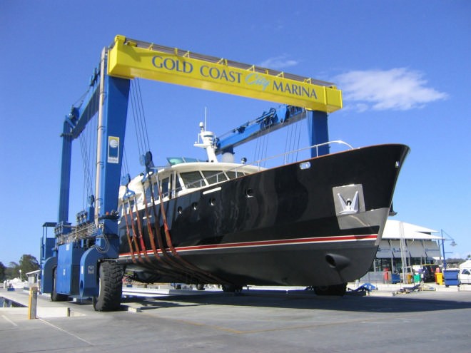 The 40 tonne capacity Gold Coast City Marina Travel lift with 98 footer on board © courtesy of the enterprises .